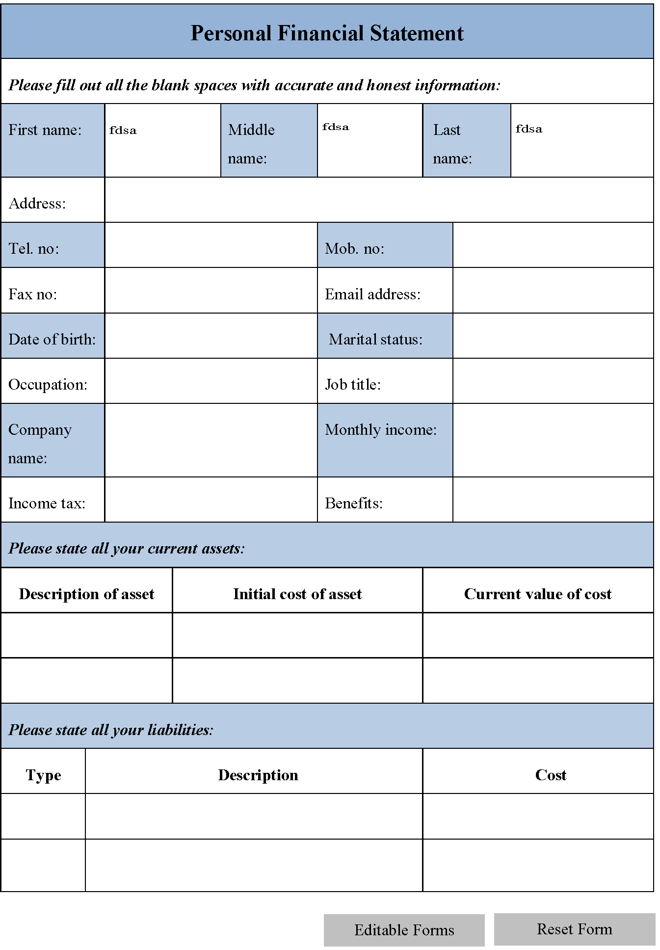 Blank Personal Financial Statement Form | Editable Forms With Blank Personal Financial Statement Template