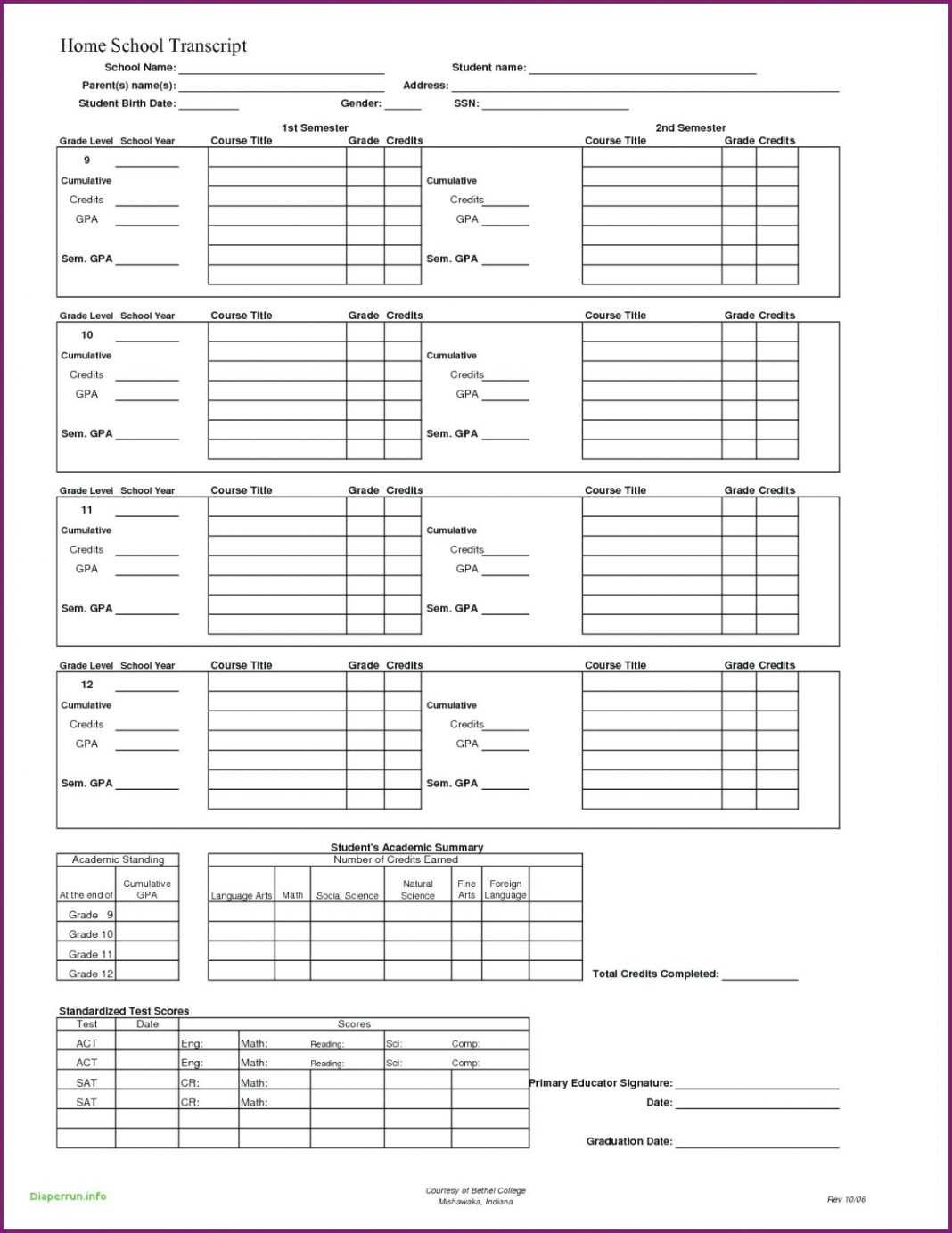 Blank Report Card Template Examples Printable High School Pertaining To Blank Report Card Template