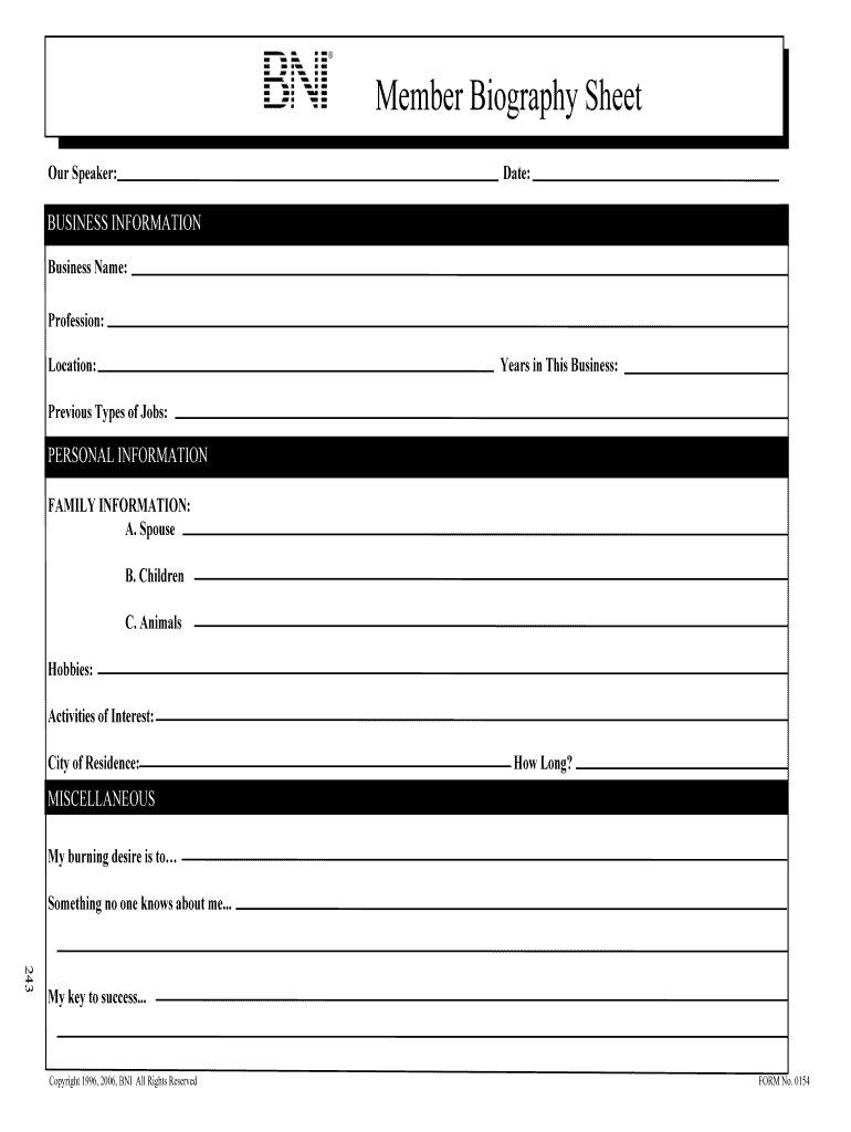 Bni Bio Sheet Template – Fill Online, Printable, Fillable Regarding Free Bio Template Fill In Blank