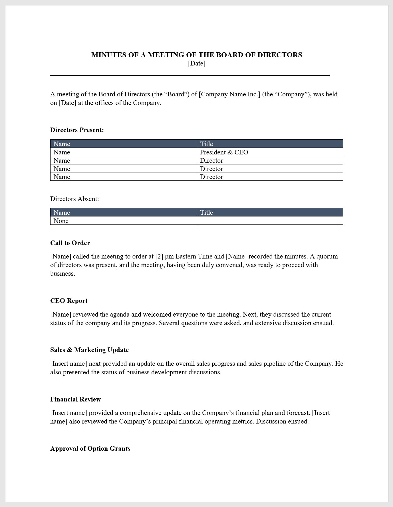 Board Meeting Minutes Template – Download From Cfi Marketplace Intended For Ceo Report To Board Of Directors Template