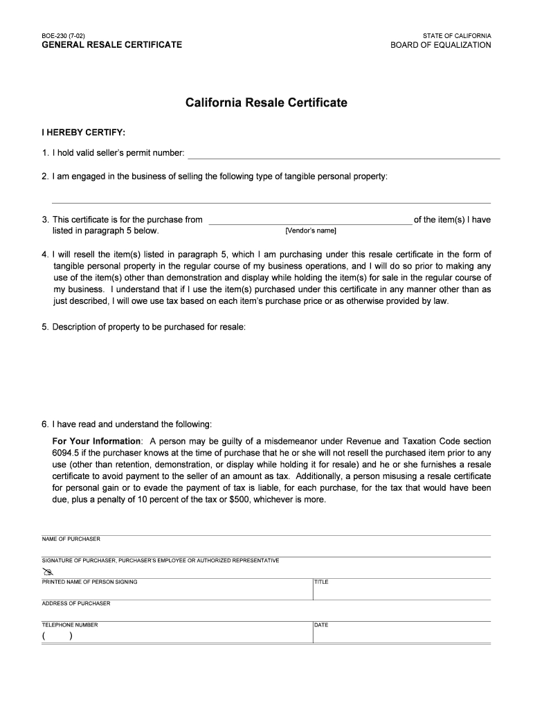 Boe 230 – Fill Online, Printable, Fillable, Blank | Pdffiller Pertaining To Resale Certificate Request Letter Template