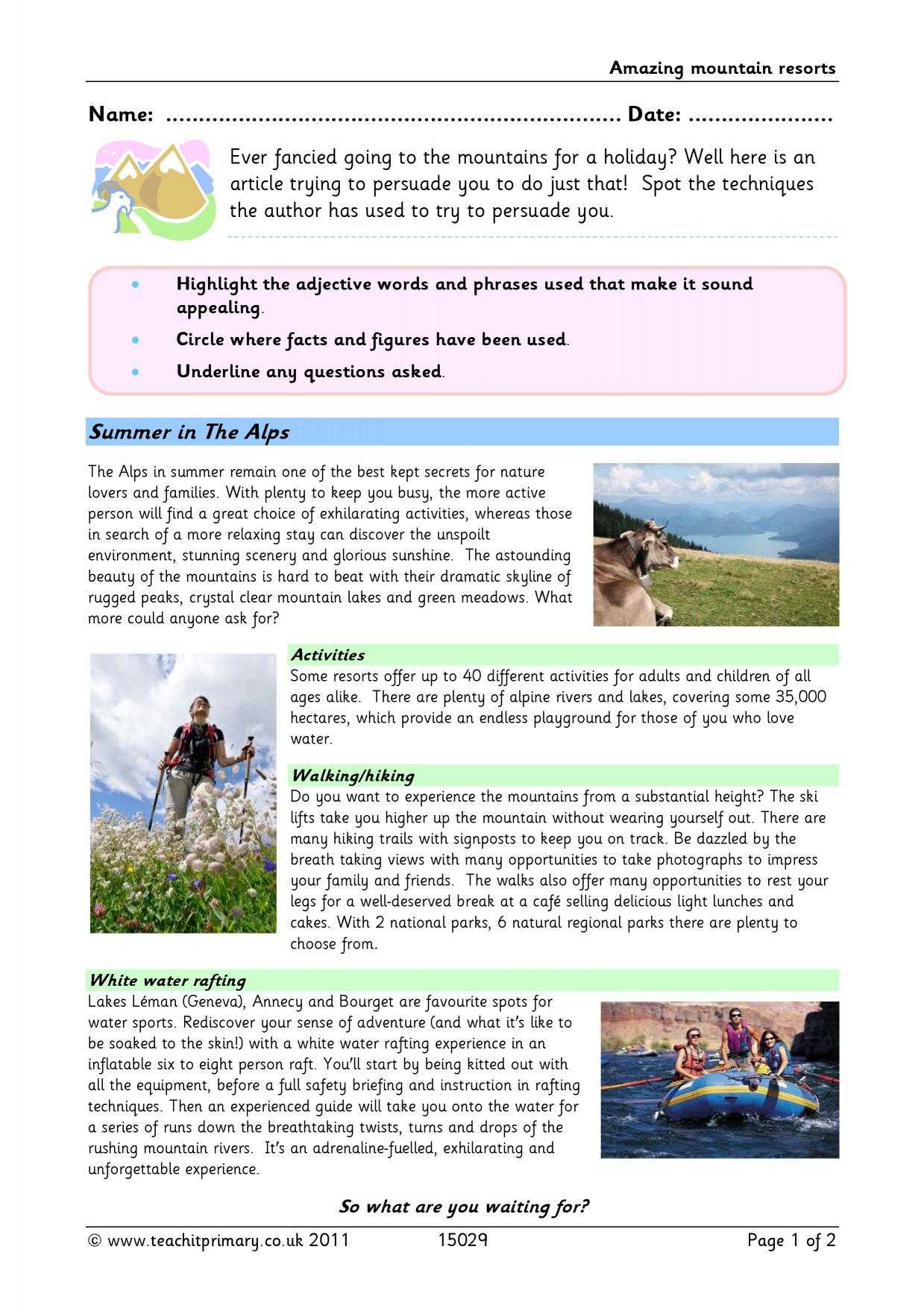 Brochure Writing – Amazing Mountain Resorts In Travel Brochure Template Ks2