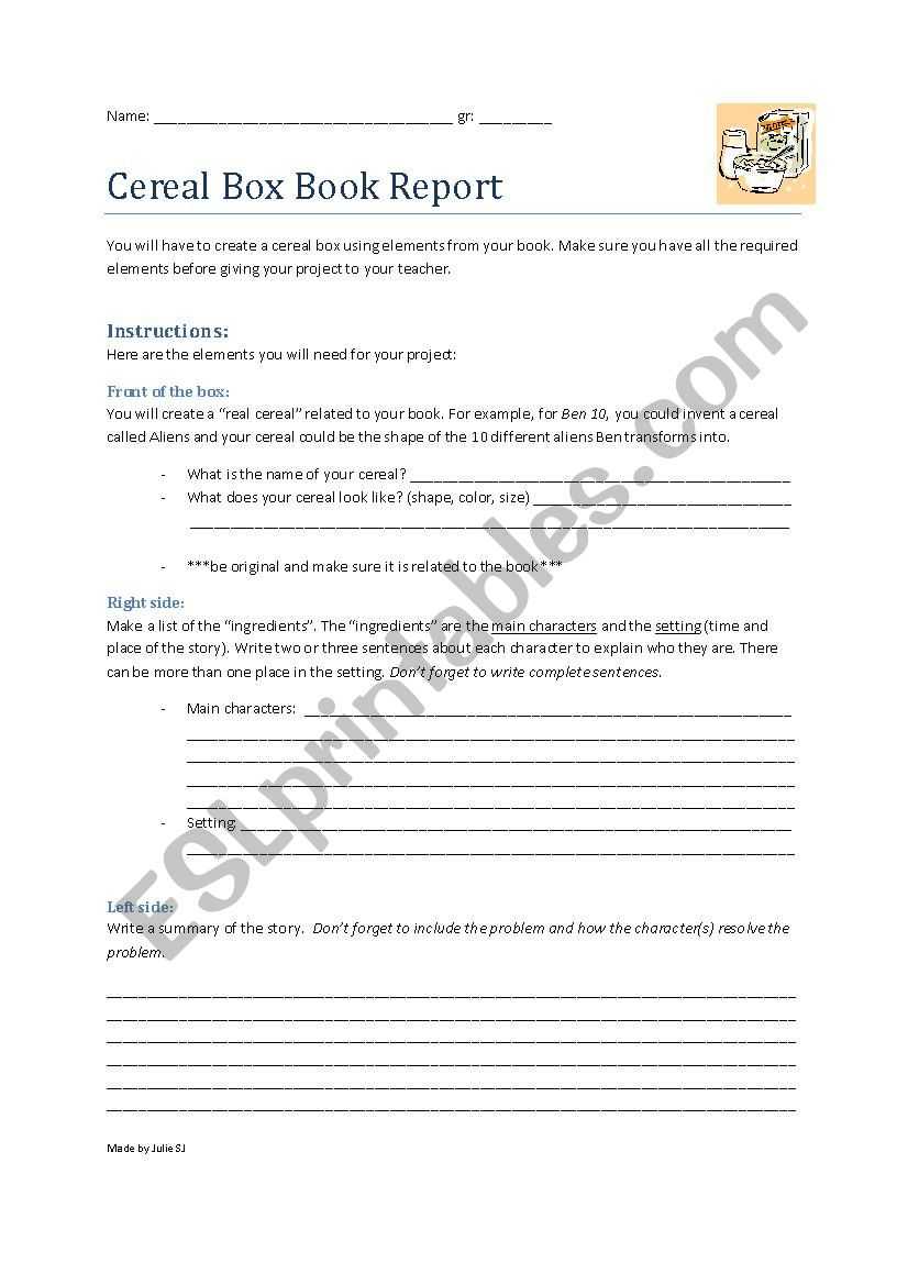 Cereal Box Book Report Project – Esl Worksheetcurlyju Pertaining To Cereal Box Book Report Template