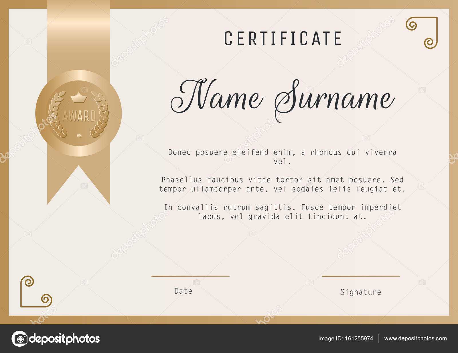 Certificate Award Template Vector Blank In Gold Colors With Regard To Template For Certificate Of Award