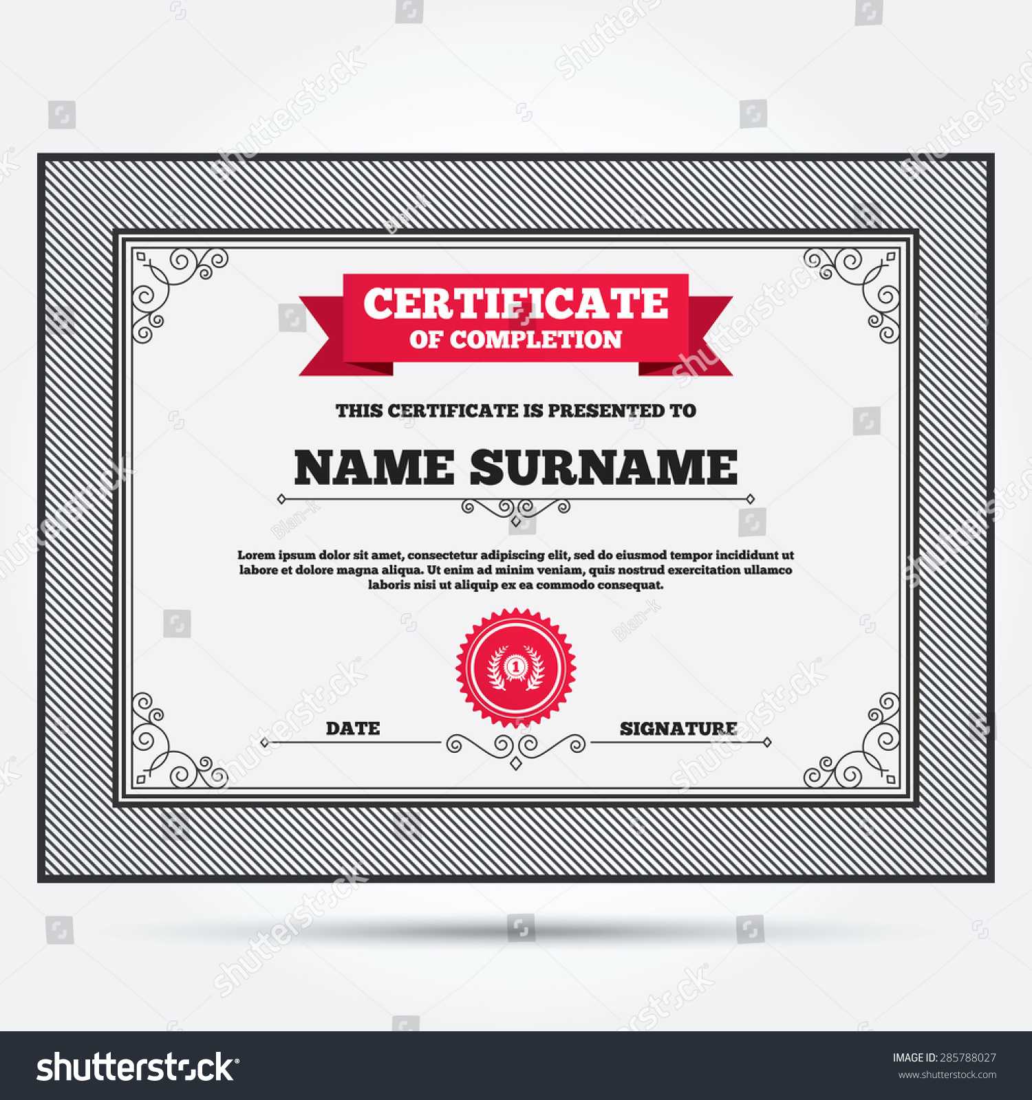 Certificate Completion First Place Award Sign Stock Vector Regarding First Place Certificate Template