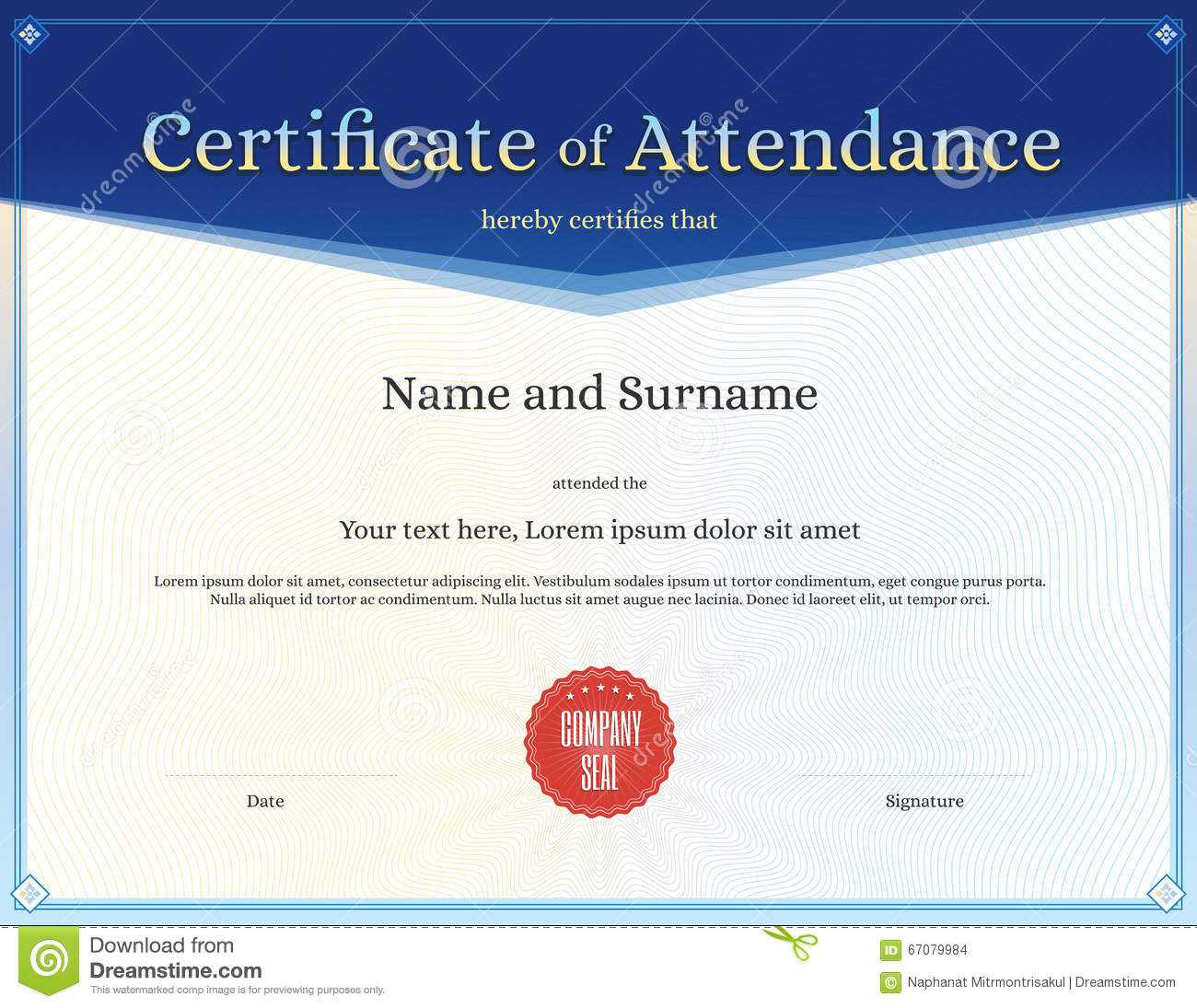Certificate Of Attendance Template In Vector Stock Vector With Regard To Perfect Attendance Certificate Free Template