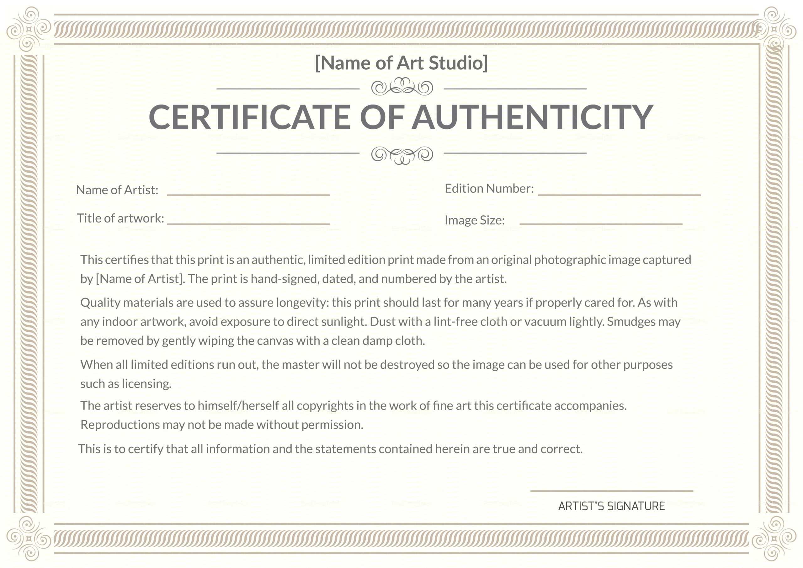 Certificate Of Authenticity Template Autograph Templates Pertaining To Certificate Of Authenticity Photography Template