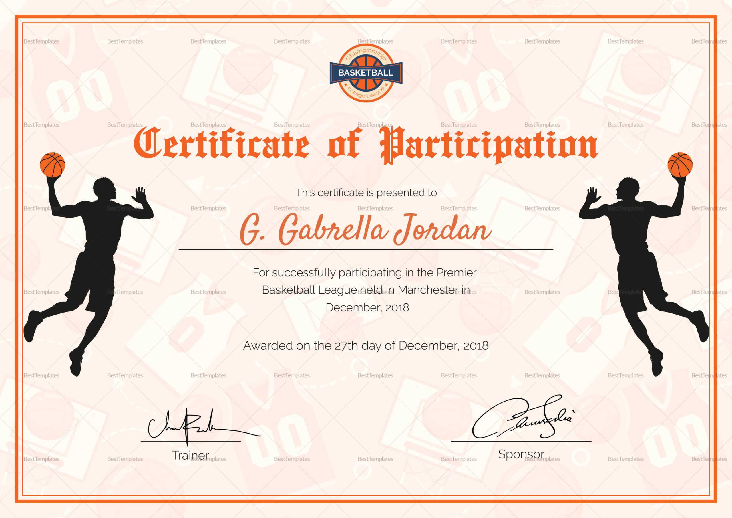 Certificate Of Basketball Participation Template For Basketball Certificate Template