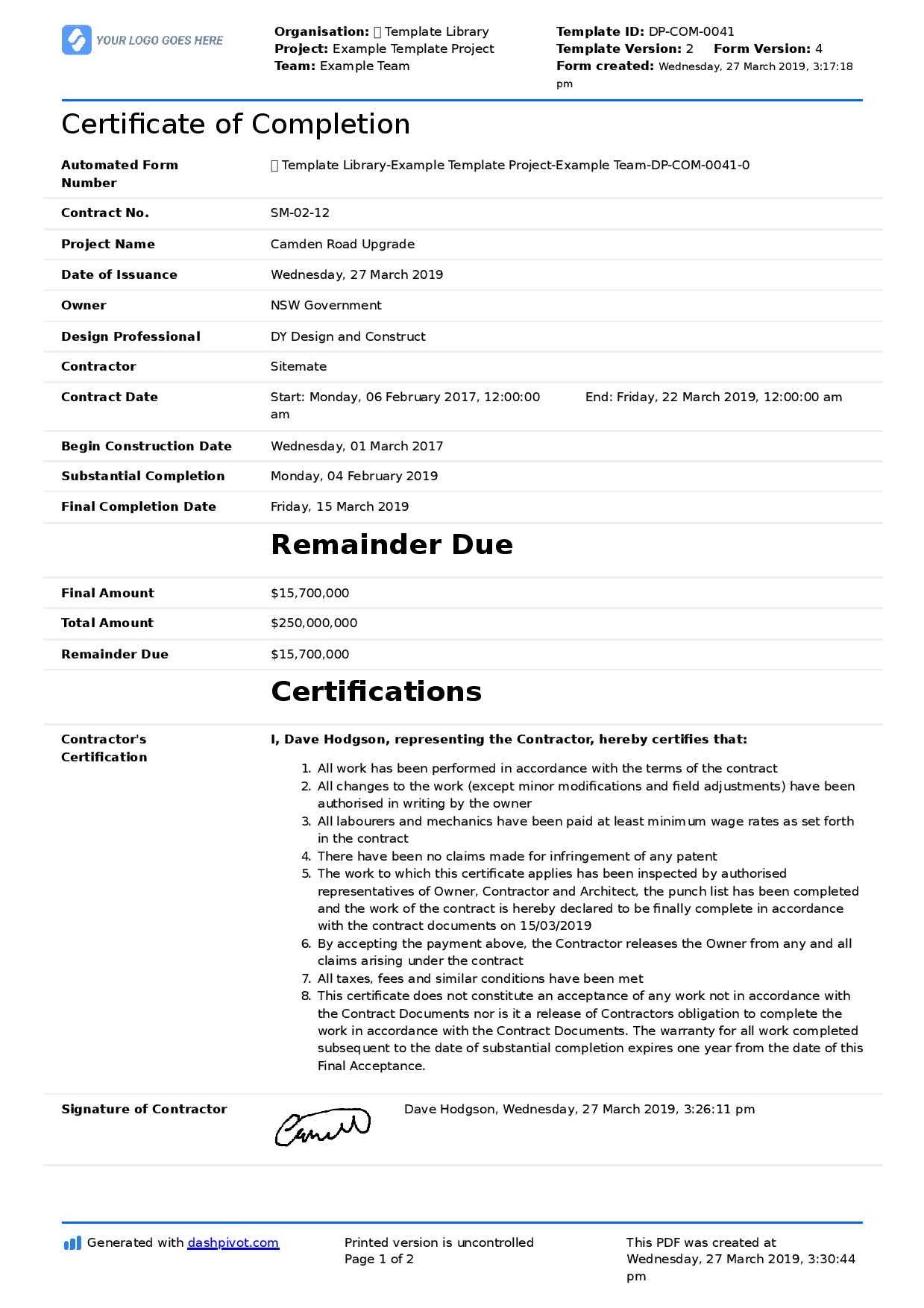 Certificate Of Completion For Construction (Free Template + Throughout Construction Certificate Of Completion Template