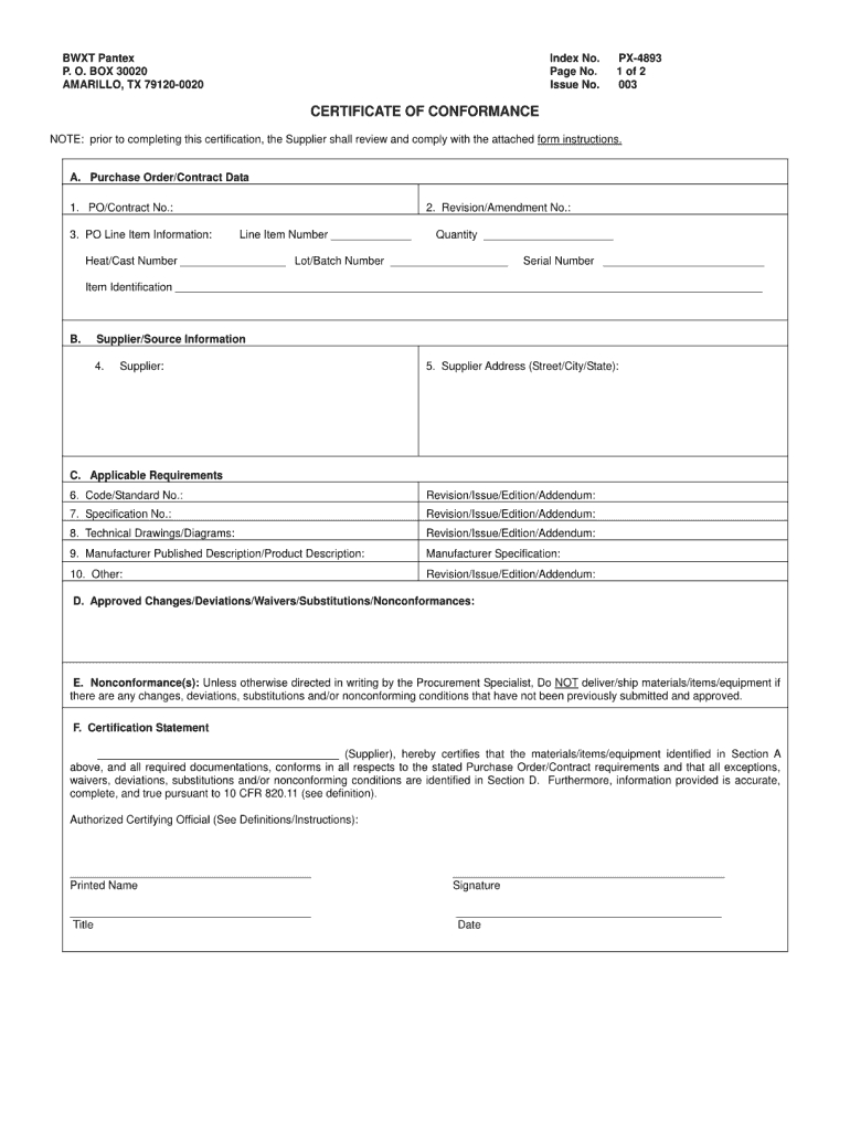 Certificate Of Conformance Template – Fill Online, Printable Inside Certificate Of Conformity Template