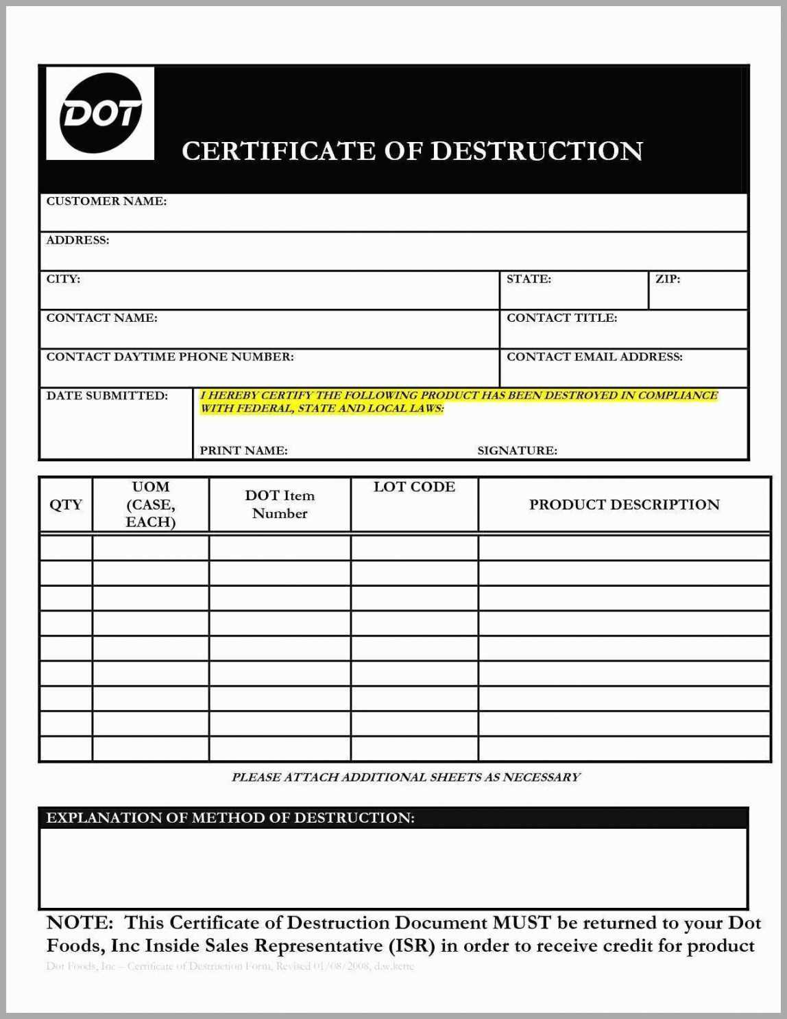 Certificate Of Data Destruction Template Regarding Hard Drive Destruction Certificate Template