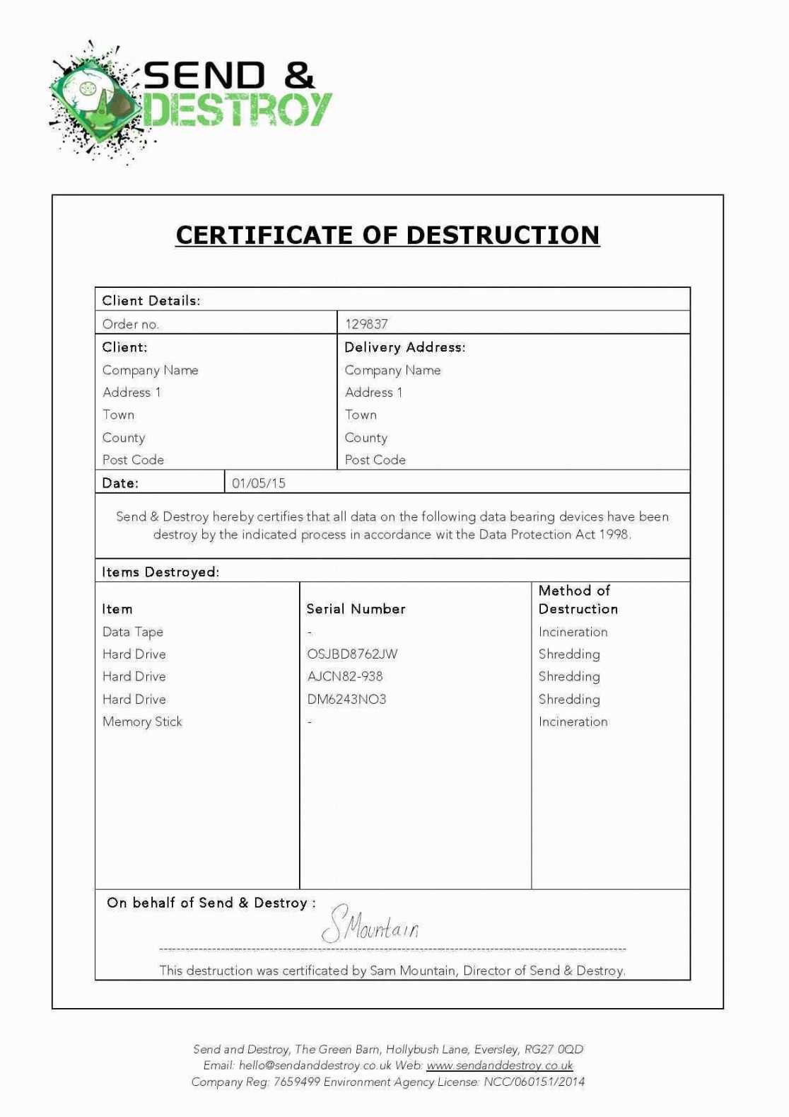 Certificate Of Destruction Template Word Inside Certificate Of Destruction Template