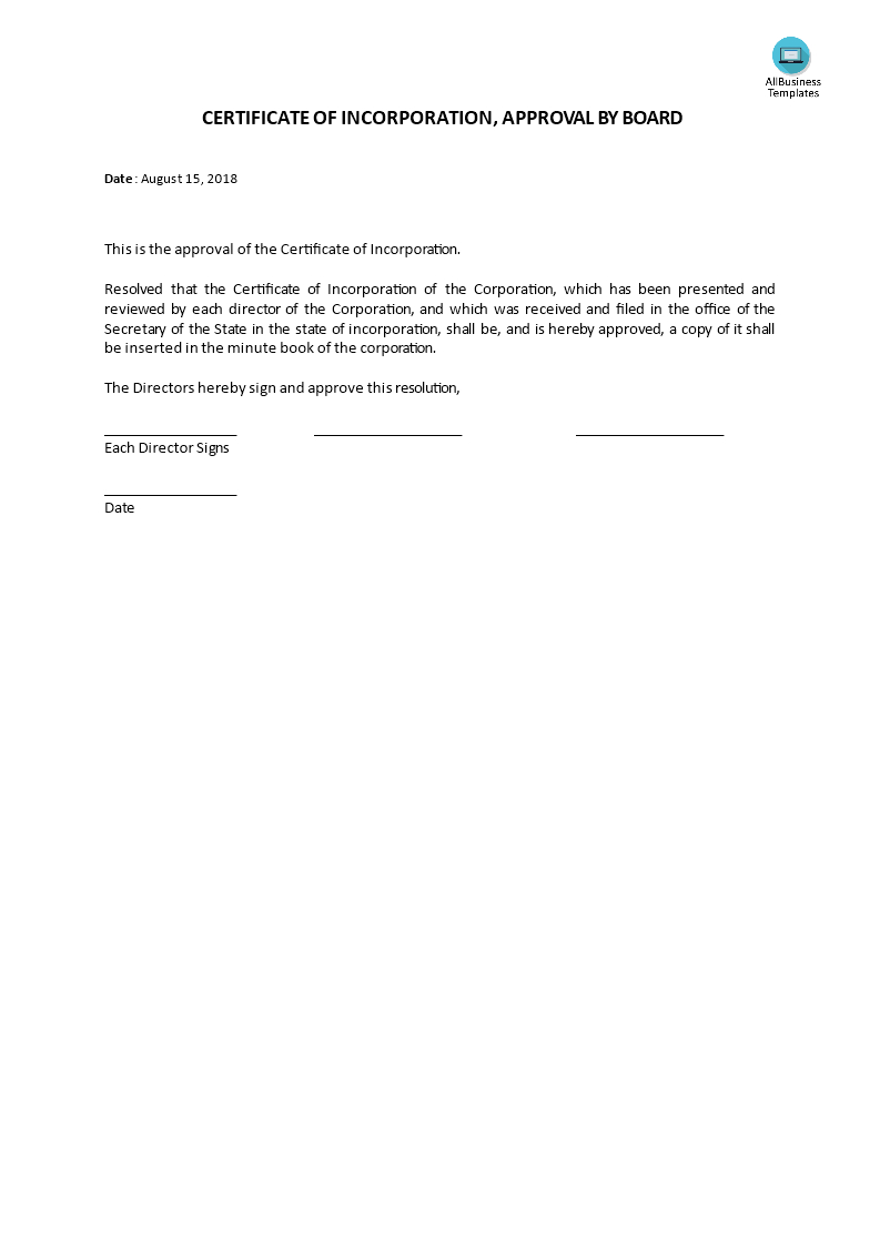 Certificate Of Incorporation, Board Acceptance | Templates At Inside Certificate Of Acceptance Template
