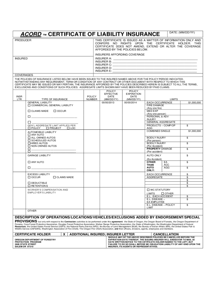 Certificate Of Liability Insurance Form – 5 Free Templates Pertaining To Certificate Of Liability Insurance Template
