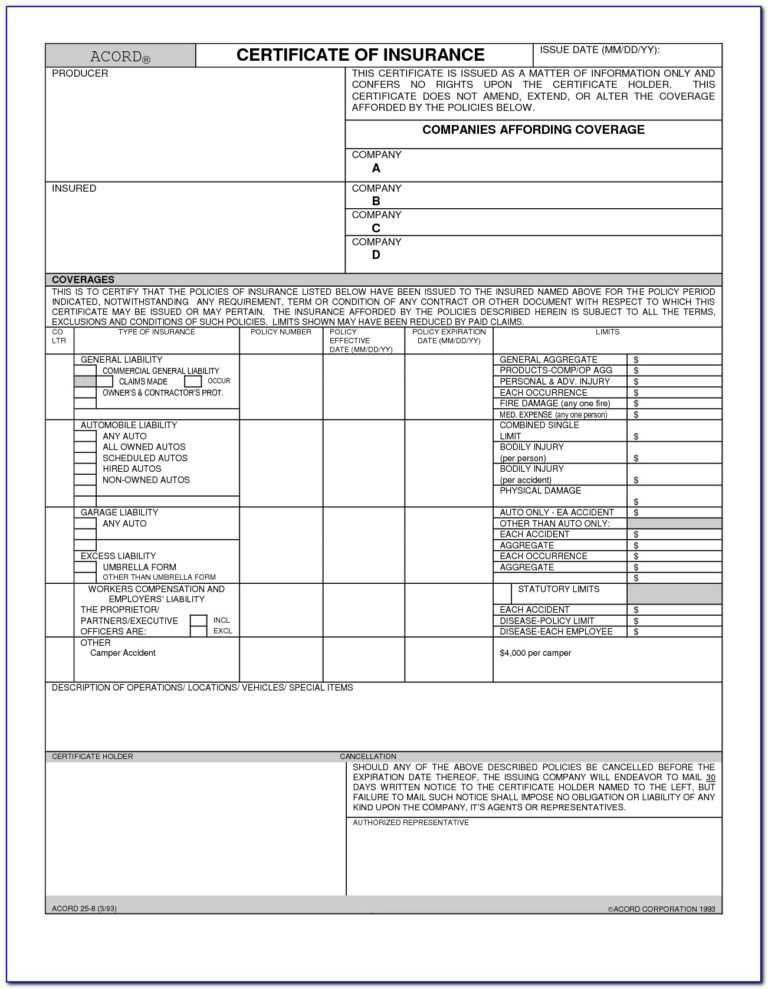 Acord Insurance Certificate Template Professional Template