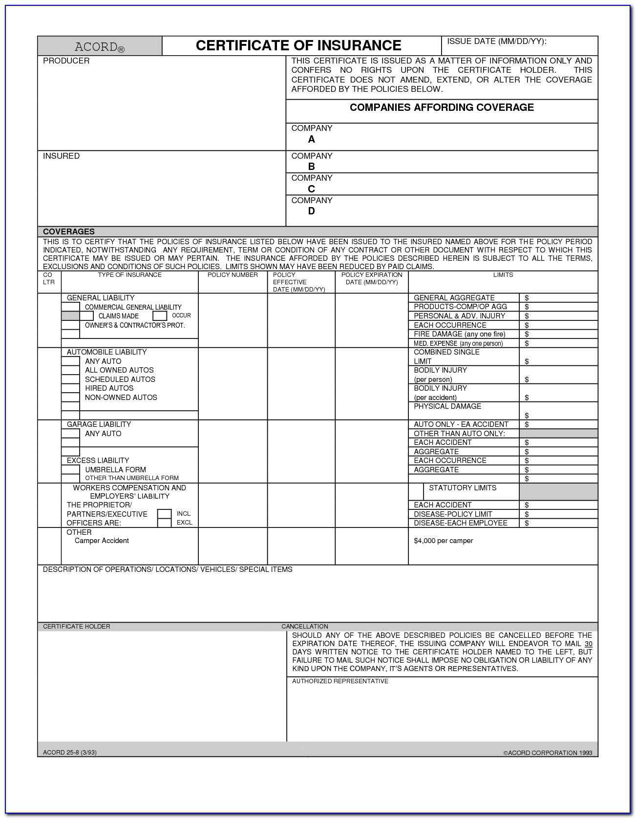 Certificate Of Liability Insurance Form Acord 25 – Form Pertaining To Acord Insurance Certificate Template