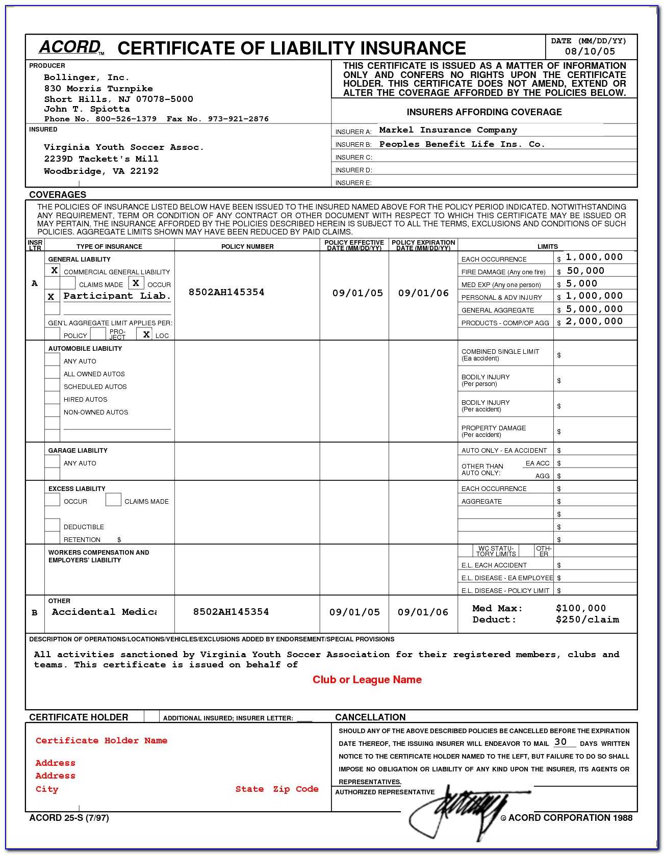 Certificate Of Liability Insurance Form Fillable – Form Intended For Acord Insurance Certificate Template