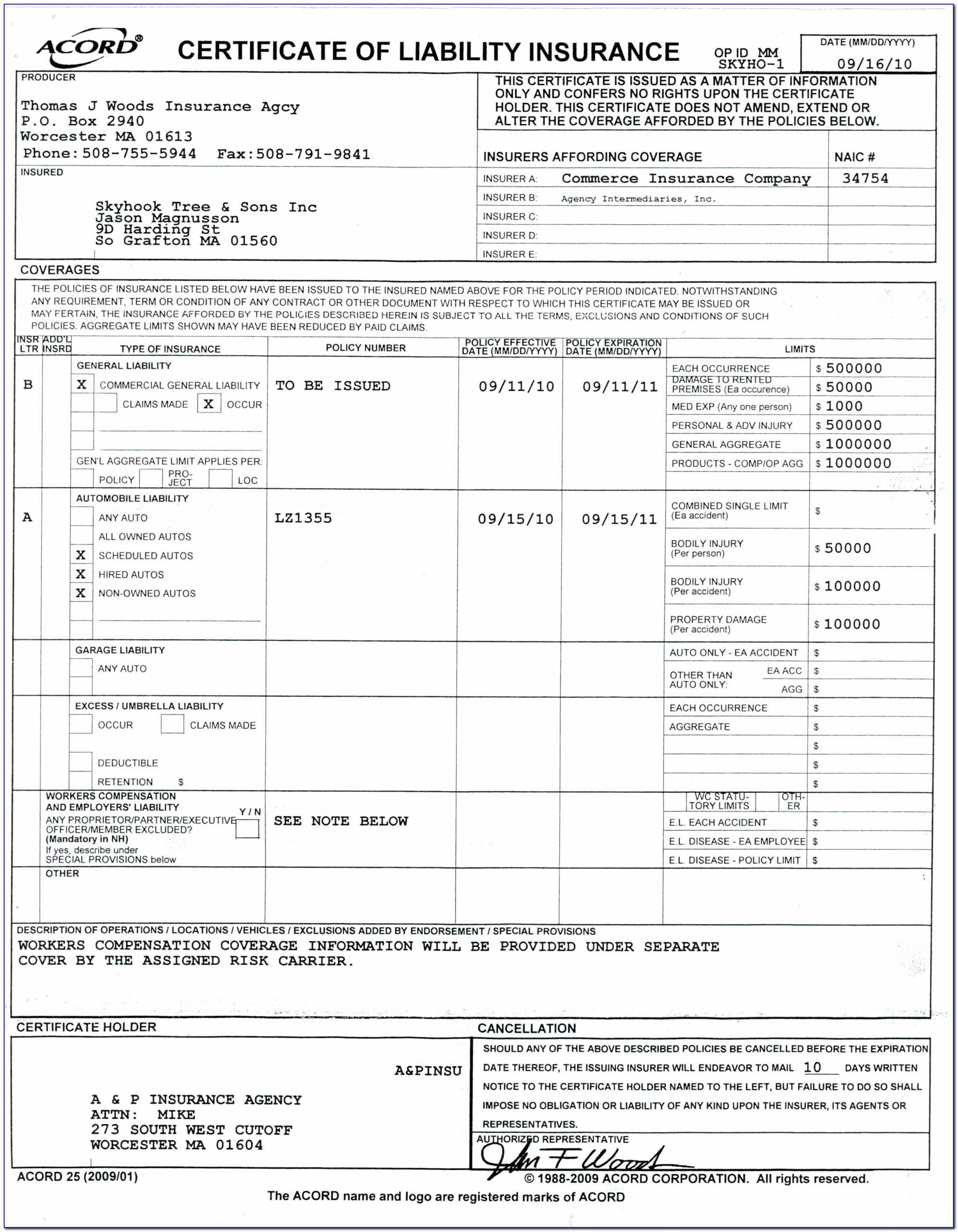 Certificate Of Liability Insurance Form Fillable Intended For Certificate Of Insurance Template