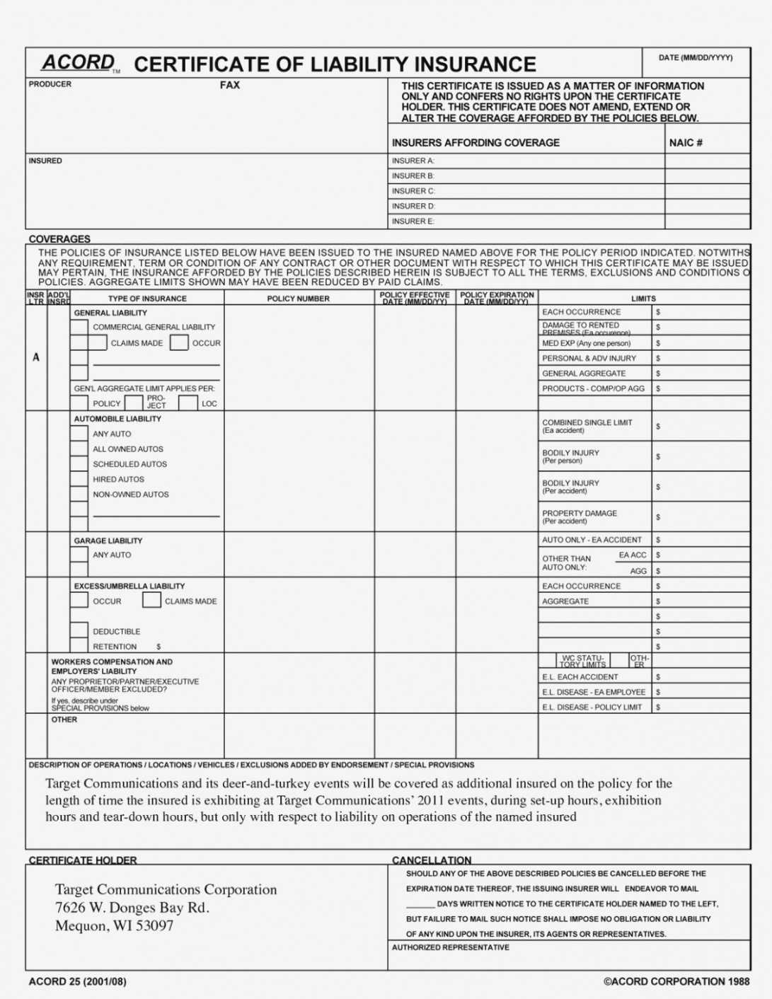 Certificate Of Liability Insurance Template Within Acord Insurance Certificate Template