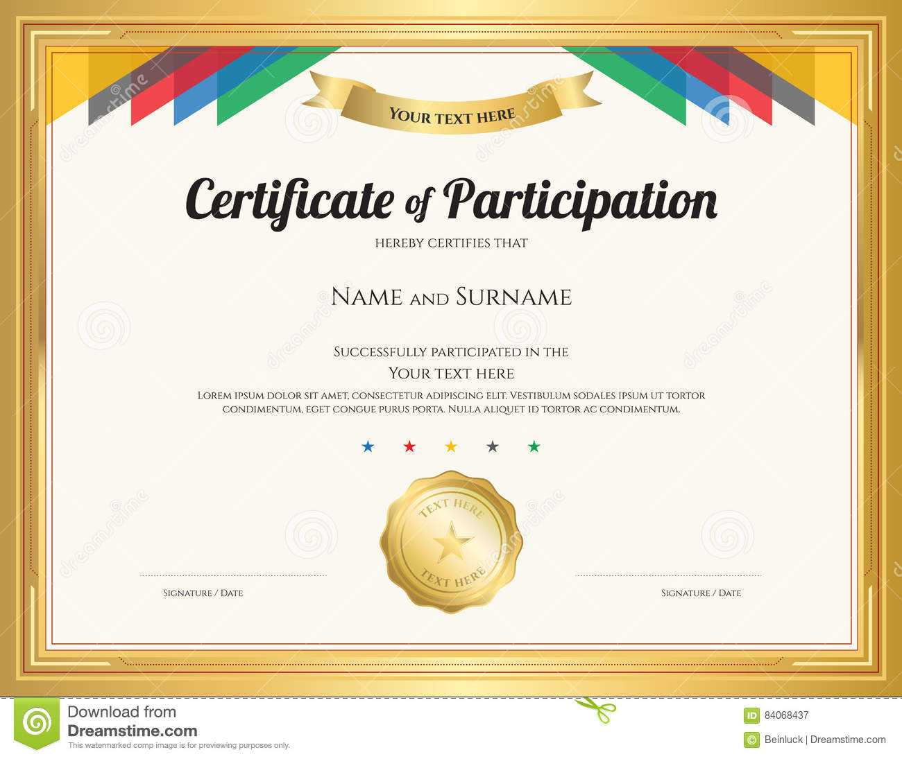 Certificate Of Participation Template With Gold Border Stock Throughout Sample Certificate Of Participation Template