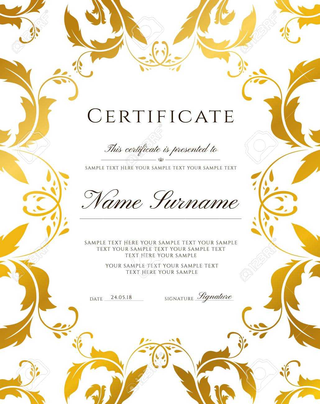 Certificate Template, Gold Border. Editable Design For Diploma,.. Throughout Blank Certificate Of Achievement Template