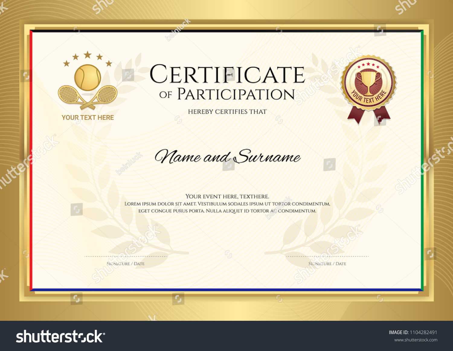 Certificate Template Tennis Sport Theme Gold Stock Image For Tennis Certificate Template Free