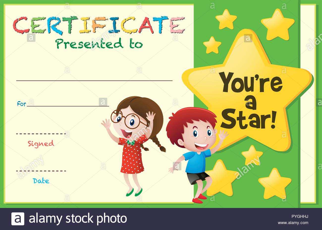 Certificate Template With Kids And Stars Illustration Stock Throughout Star Award Certificate Template