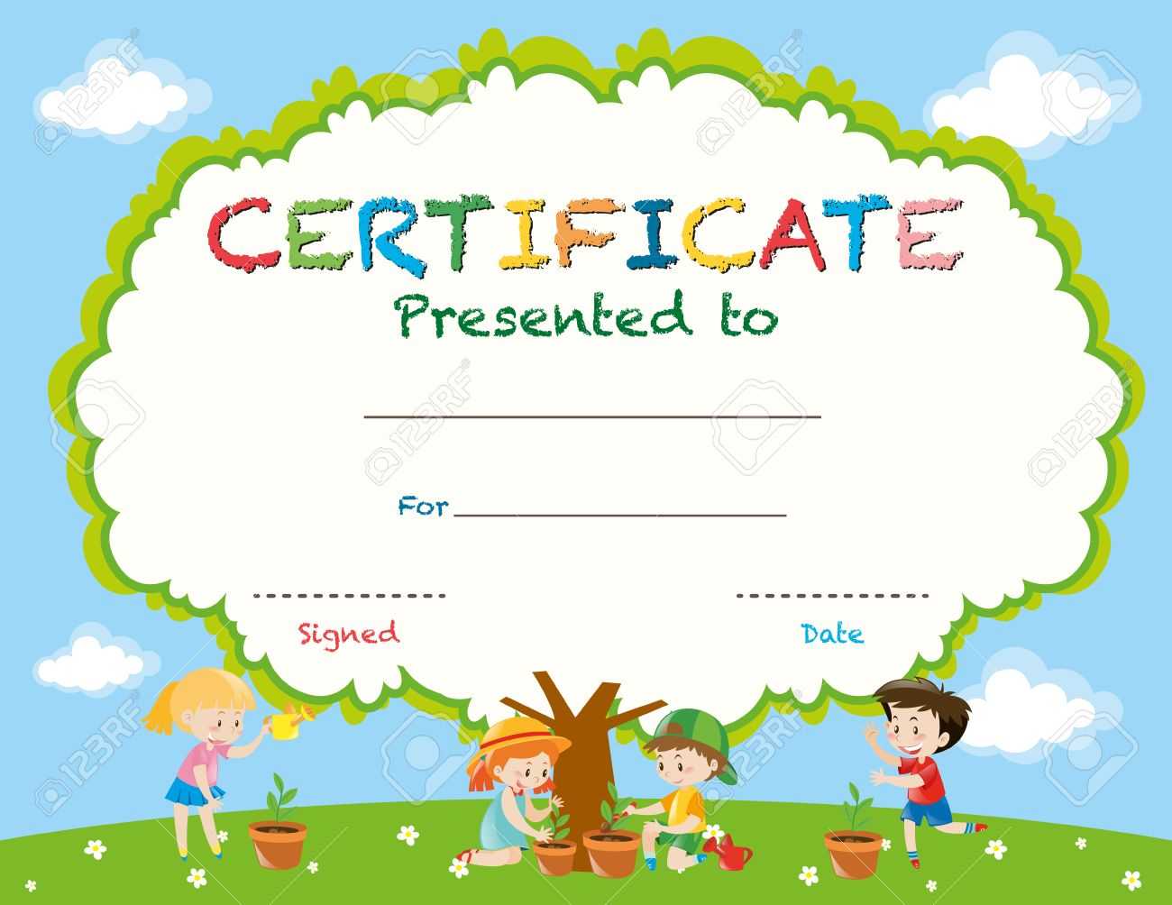 Certificate Template With Kids Planting Trees Illustration With Regard To Free Kids Certificate Templates