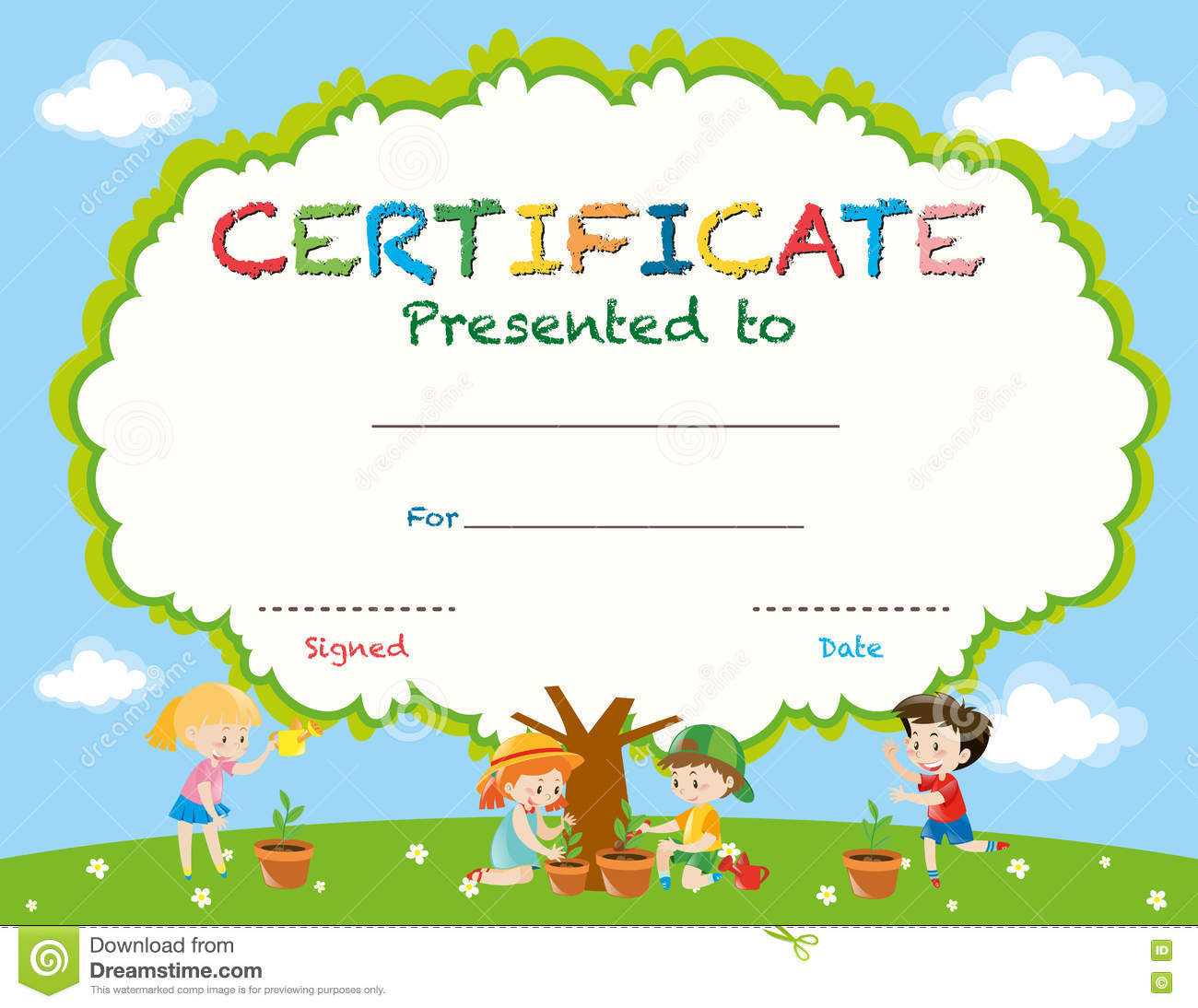 Certificate Template With Kids Planting Trees Stock Vector With Regard To Free Kids Certificate Templates