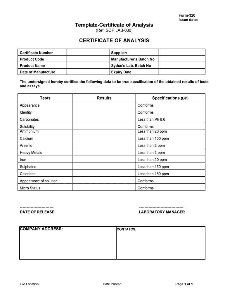 Certification Of Analysis Template - Fill Online, Printable Intended For Certificate Of Analysis Template