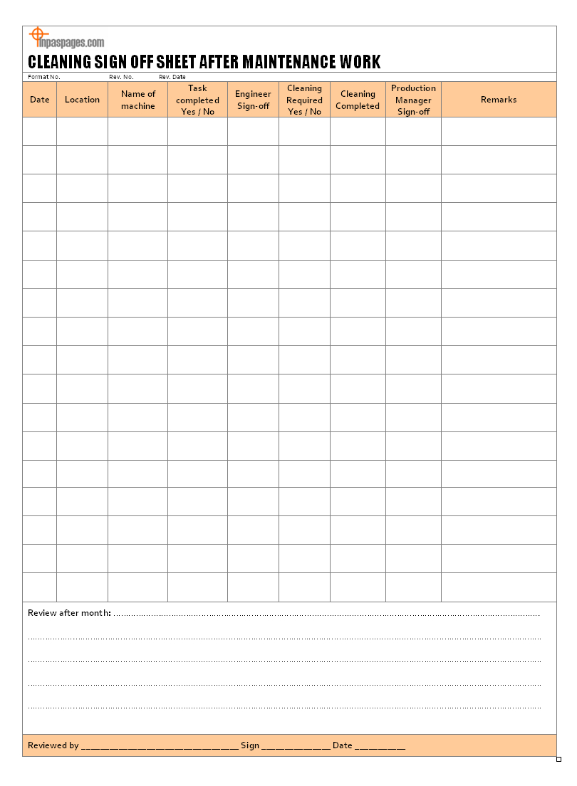 Cleaning Sign Off Sheet After Maintenance Work Format In Cleaning Report Template