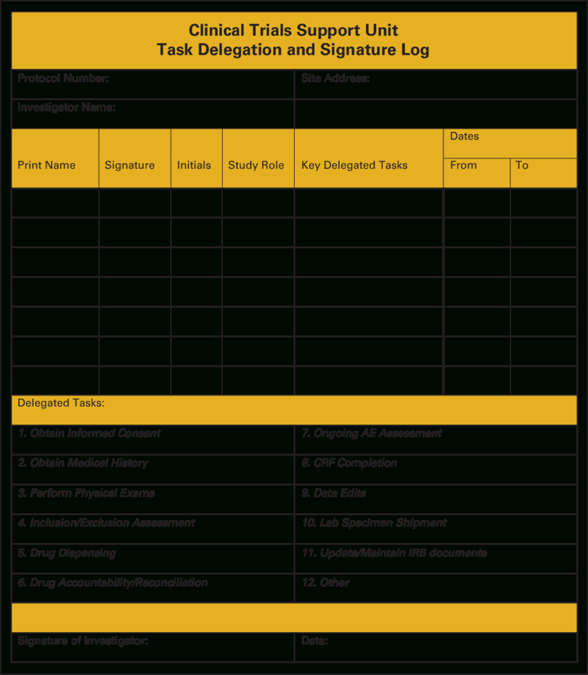 Clinical Trials Support Unit Task Delegation Log. Ae Inside Case Report Form Template Clinical Trials