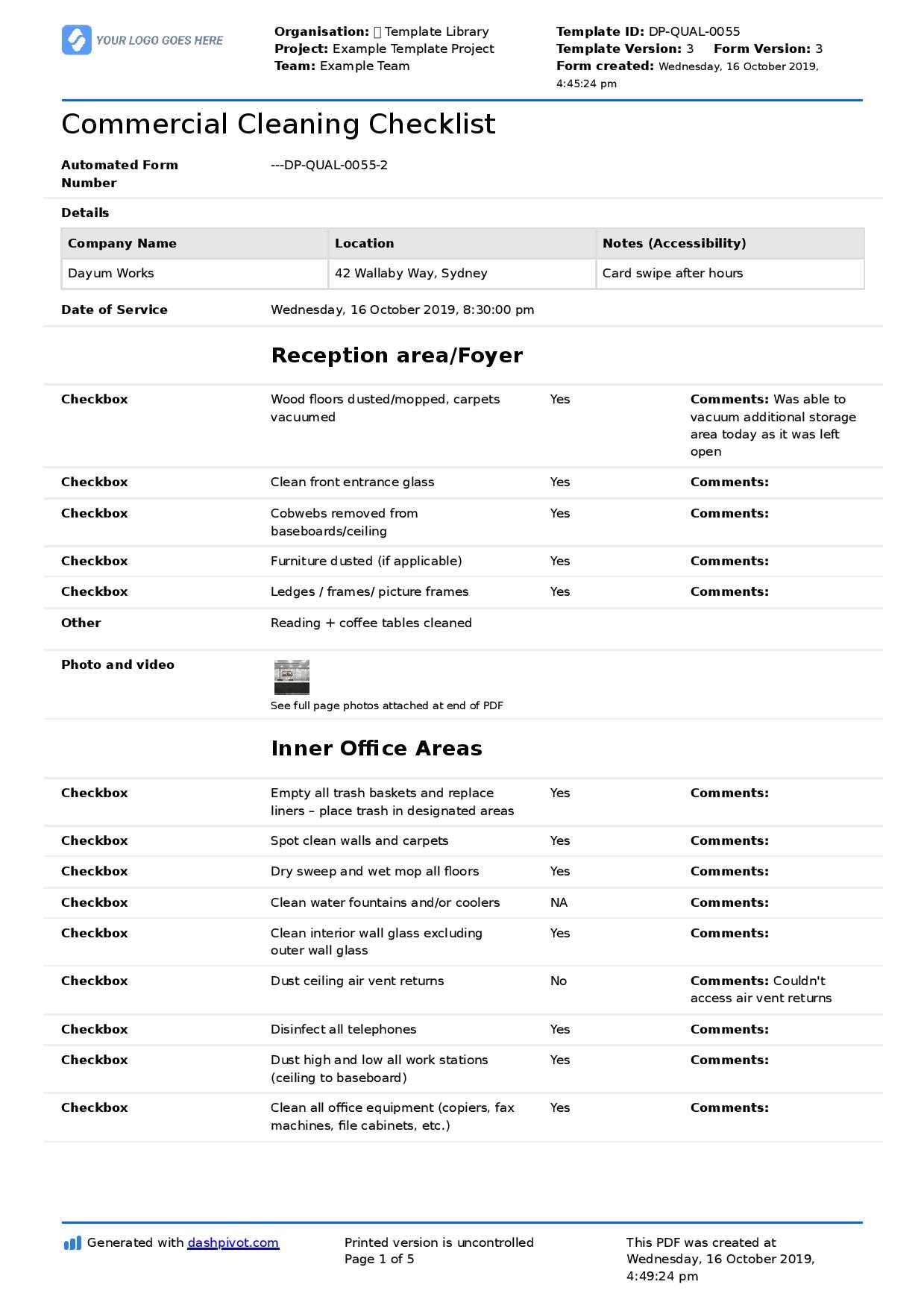 Commercial Cleaning Checklist Template (Free + Editable Within Cleaning Report Template