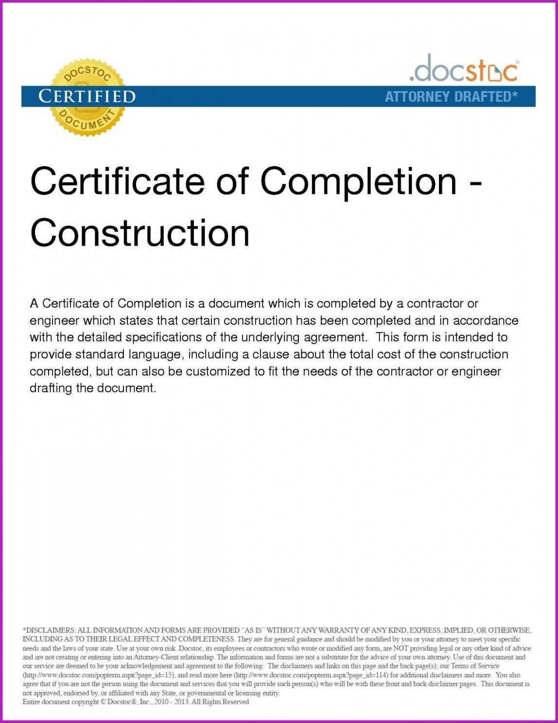 Construction Completion Certificate Template Throughout Certificate Of Completion Construction Templates