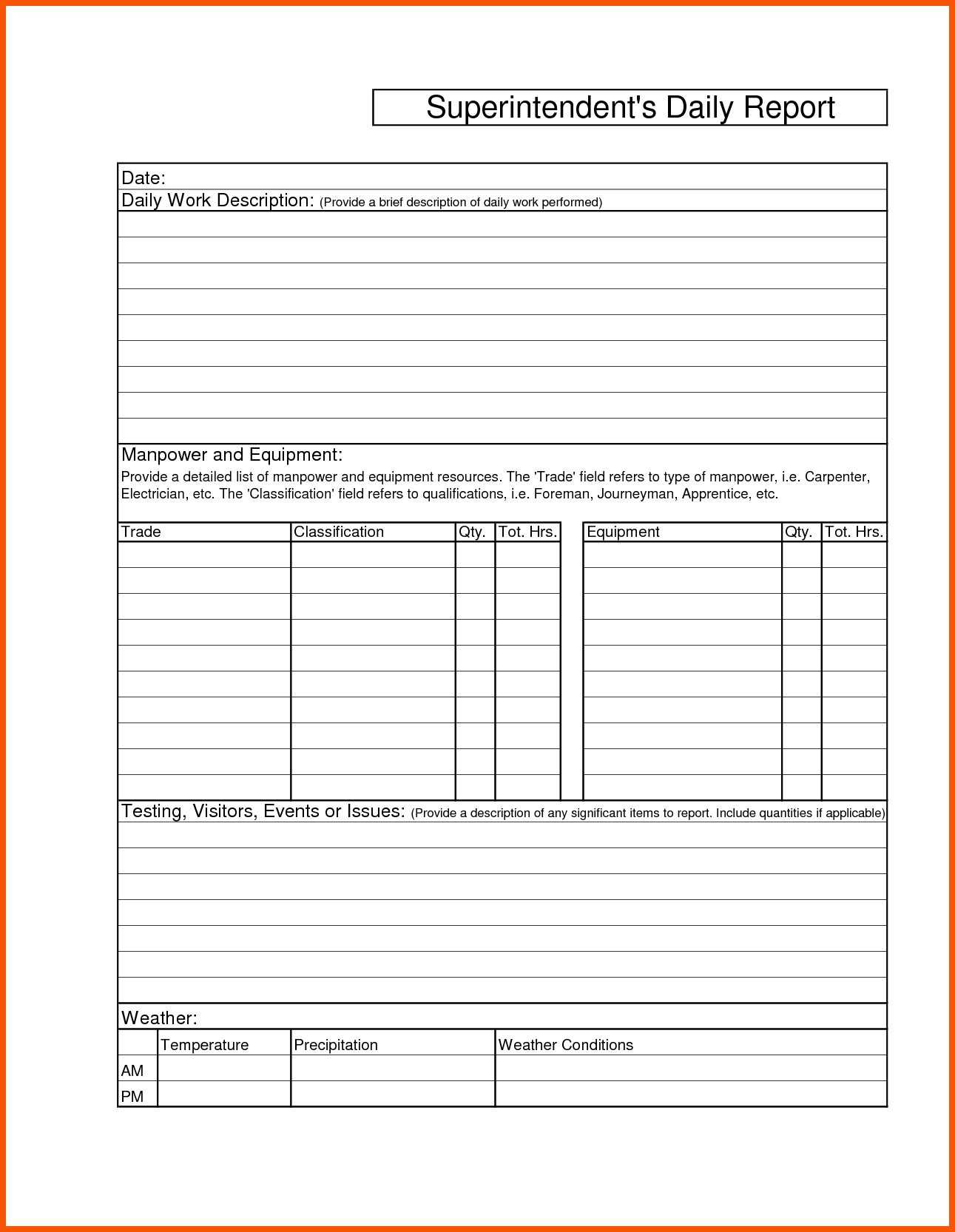 Construction Daily Report Template Examples Best Free Intended For Superintendent Daily Report Template
