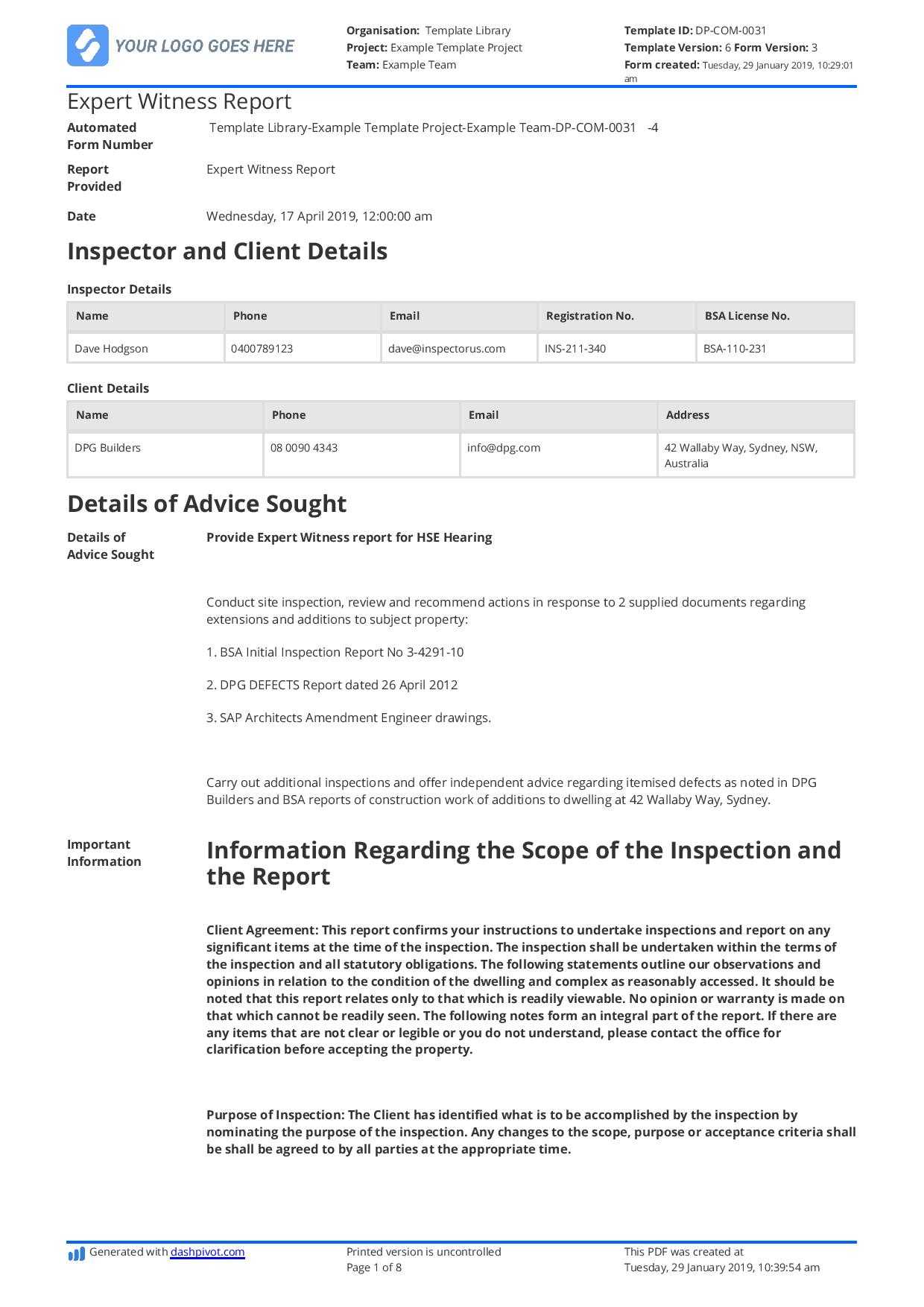 Construction Expert Witness Report Example And Editable Template Regarding Building Defect Report Template