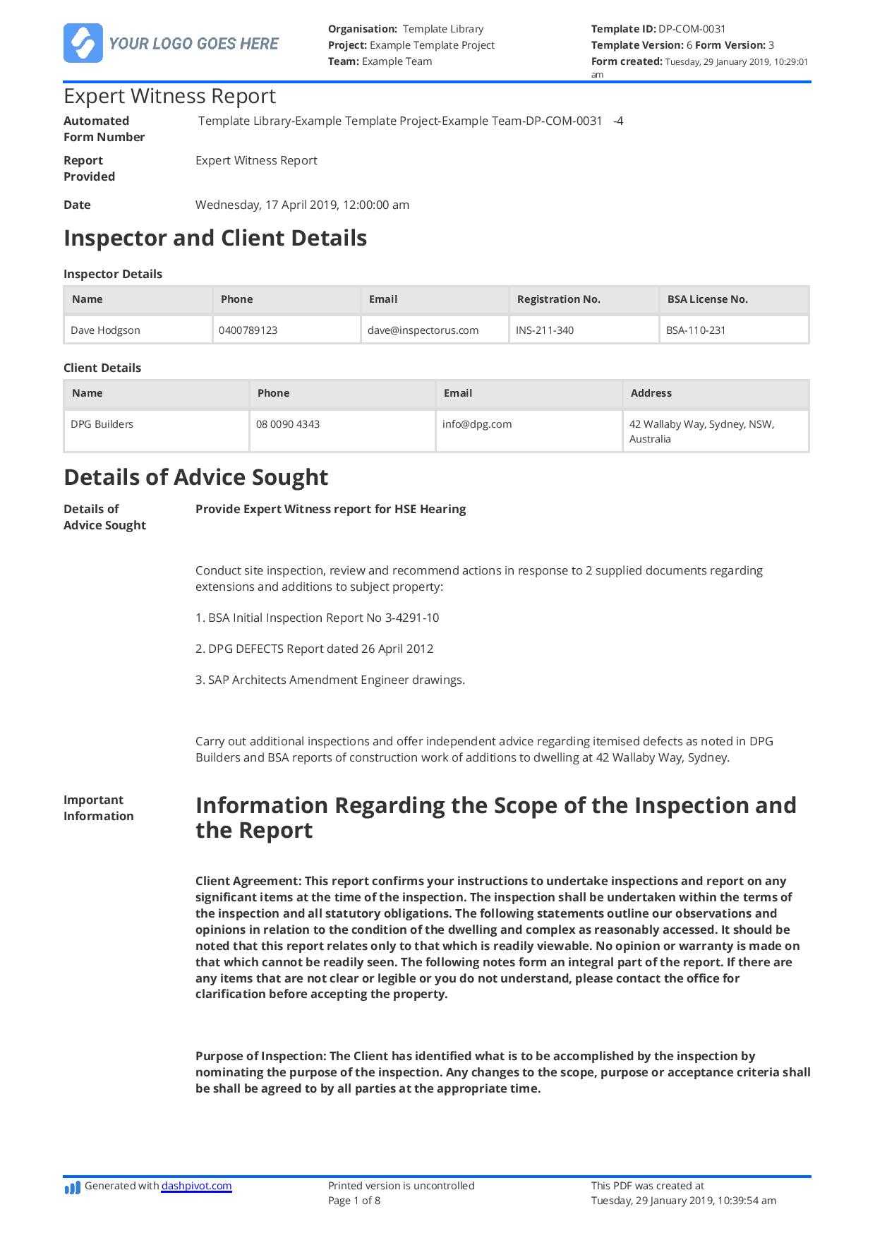 Construction Expert Witness Report Example And Editable Template With Engineering Inspection Report Template