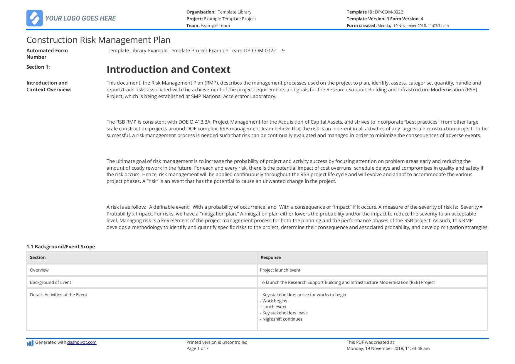 Construction Risk Ement Report Sample Project Plan Example With Risk Mitigation Report Template
