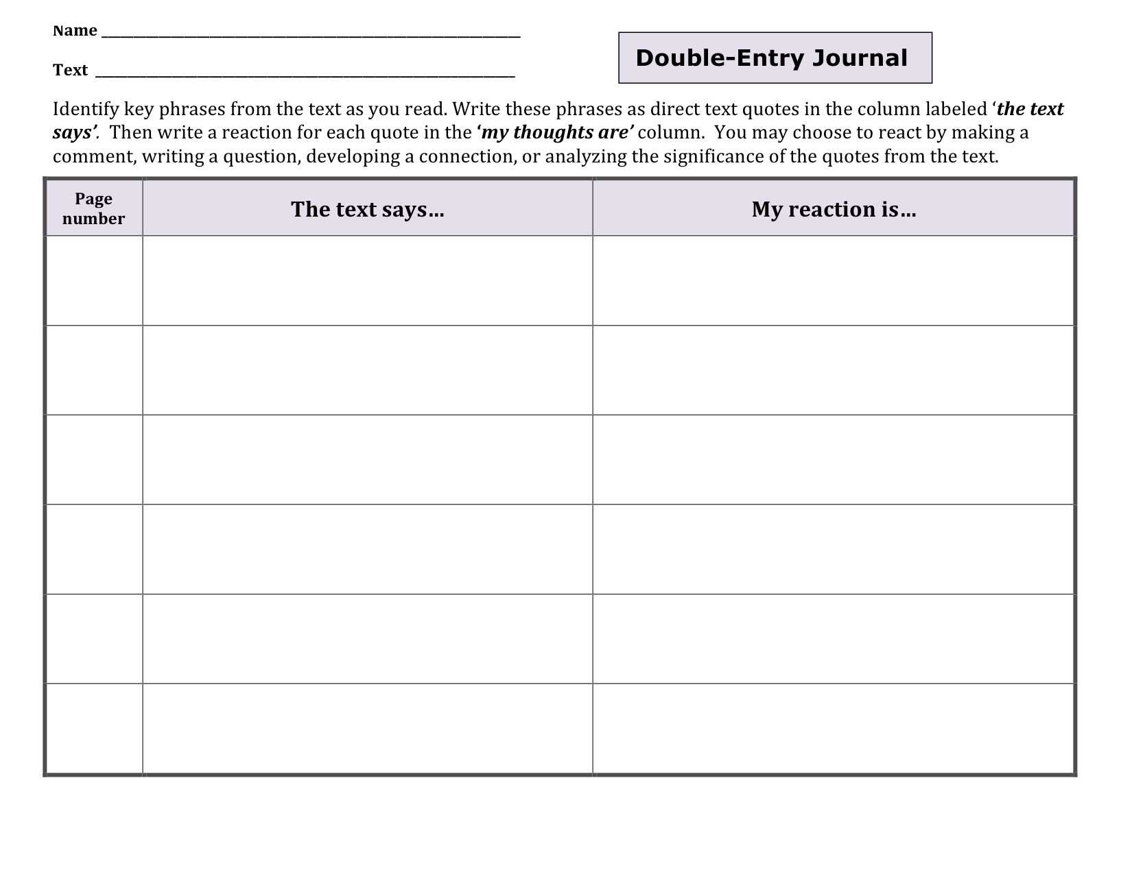Content Specific Literacy: Focusing On Comprehension Throughout Double Entry Journal Template For Word