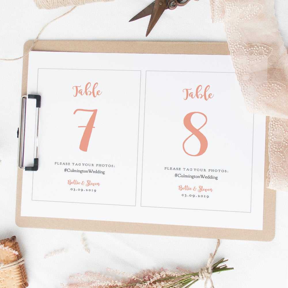 Coral Table Number Cards With Photo Hashtag, Diy Table Throughout Table Number Cards Template