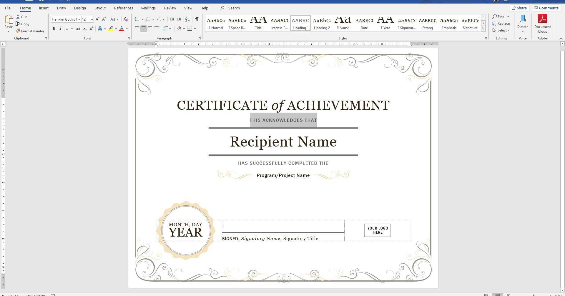 Create A Certificate Of Recognition In Microsoft Word Throughout Word Certificate Of Achievement Template