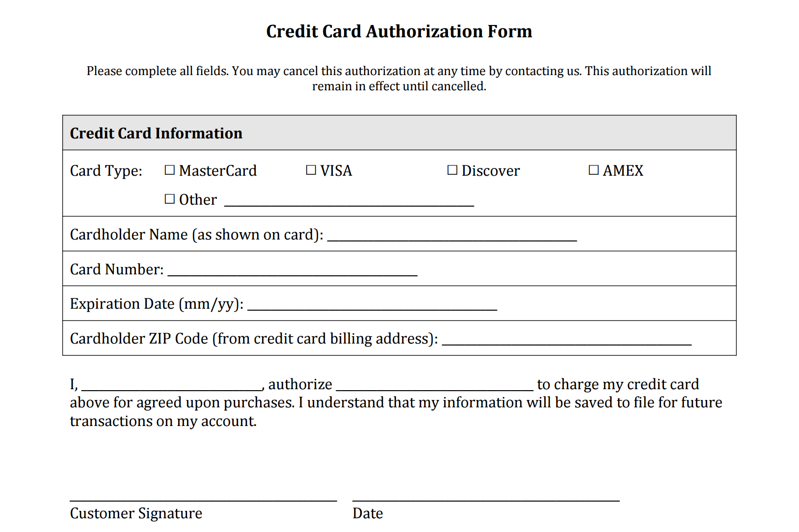Credit Card Authorization Form Templates [Download] For Credit Card Template For Kids