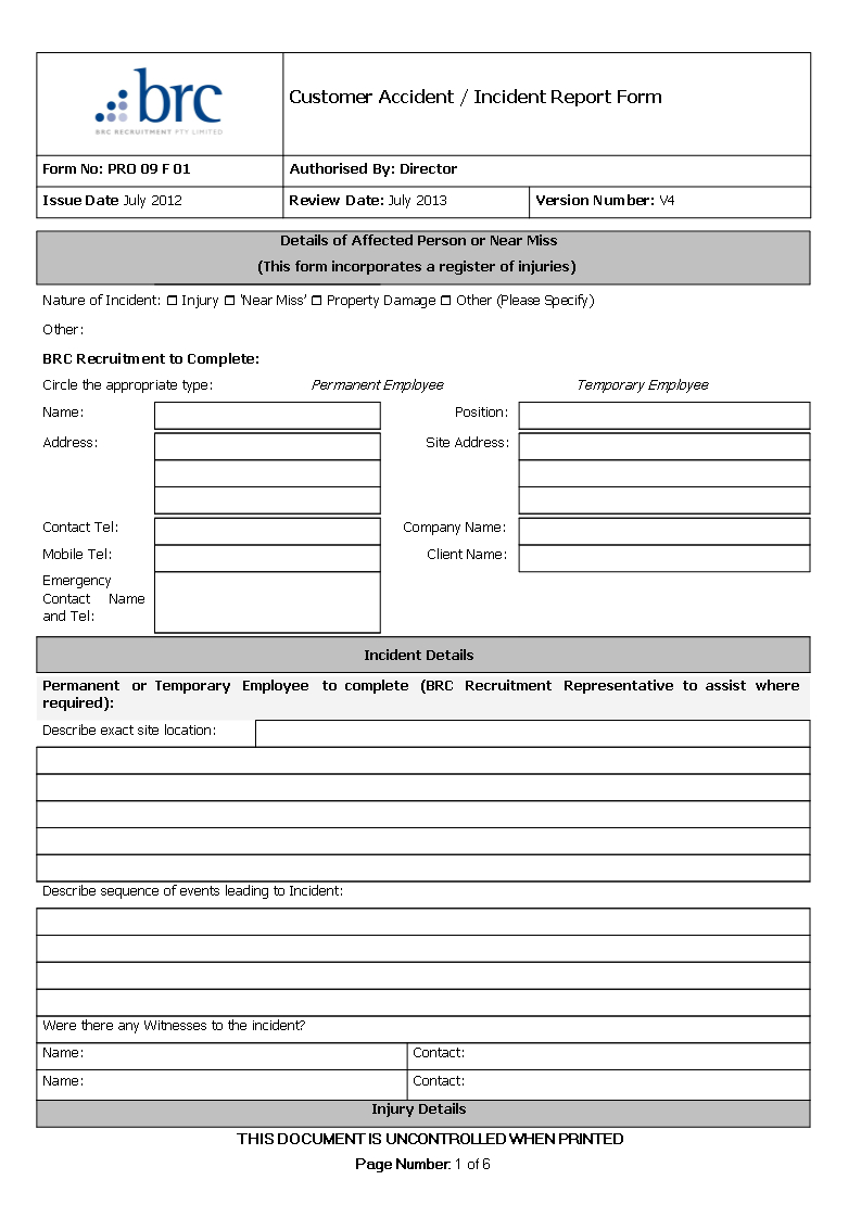 Customer Accident Incident Report | Templates At Intended For Serious Incident Report Template