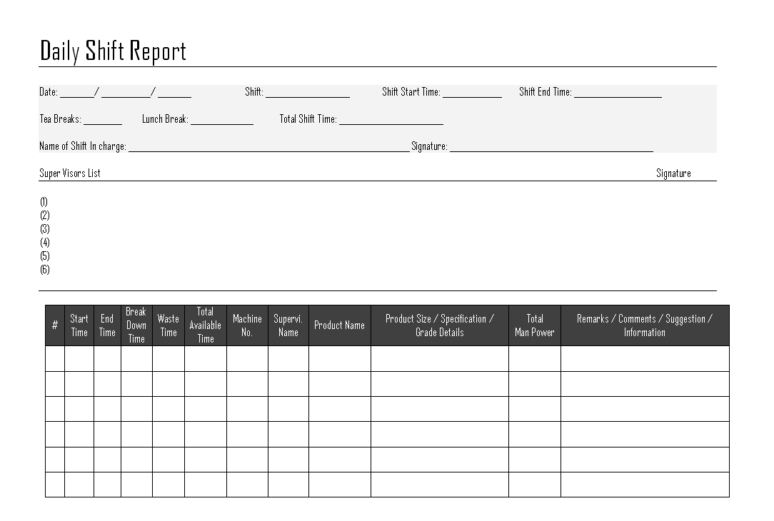 Daily Shift Report – Inside Daily Report Sheet Template