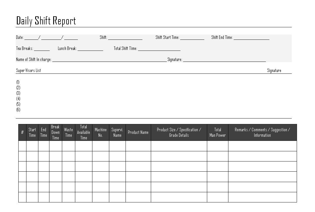 Daily Shift Report – Throughout Shift Report Template