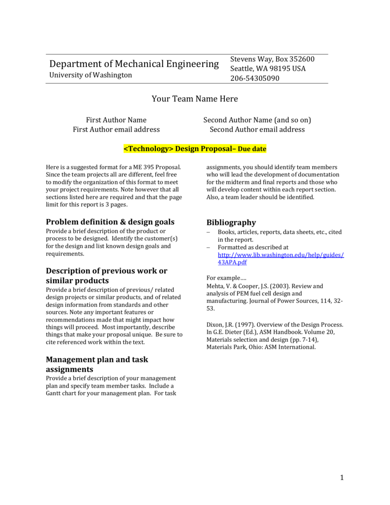 Design Report Template - University Of Washington Throughout Section 7 Report Template