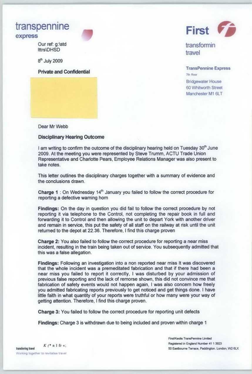 Disciplinary Hearing Outcome Letter - Transpennine Express Throughout Investigation Report Template Disciplinary Hearing