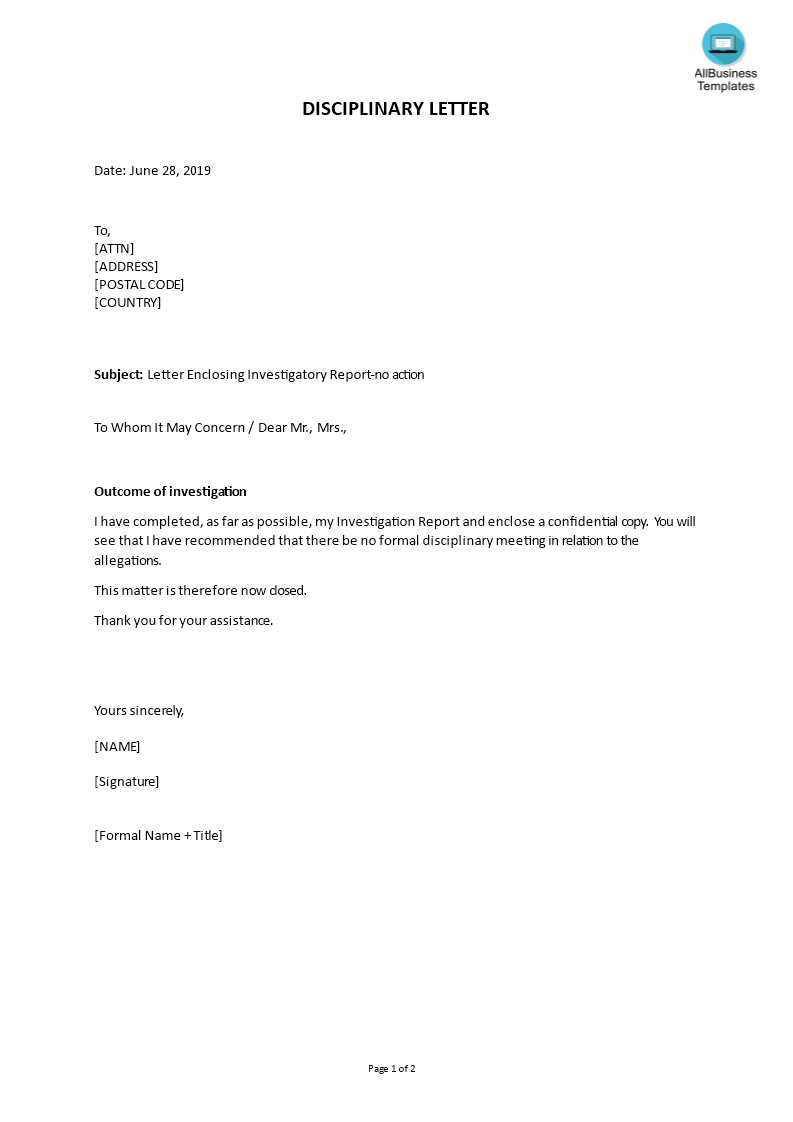 Disciplinary Letter Enclosing Investigatory Report | Templates Regarding Investigation Report Template Disciplinary Hearing