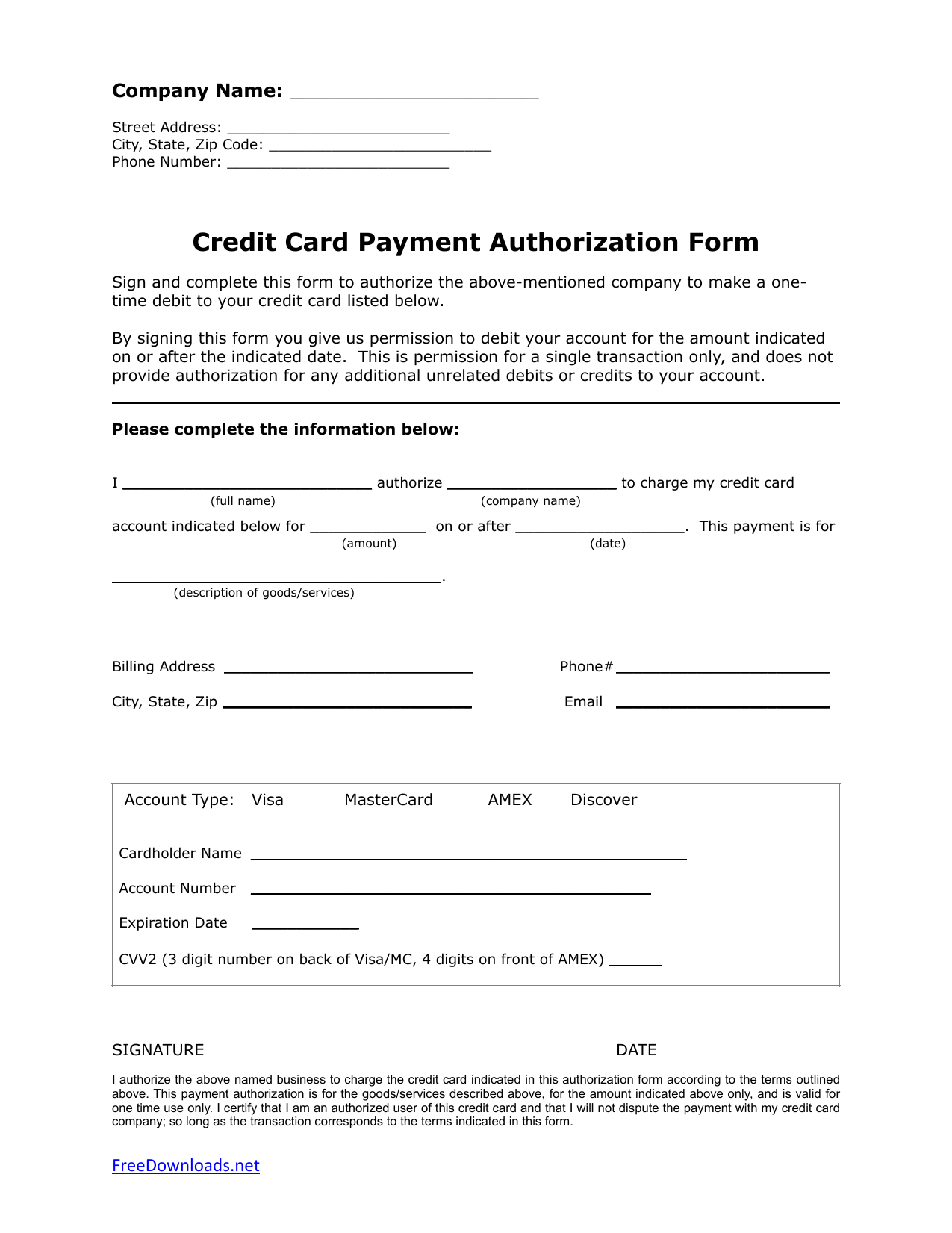 Download One (1) Time Credit Card Authorization Payment Form In Credit Card Billing Authorization Form Template