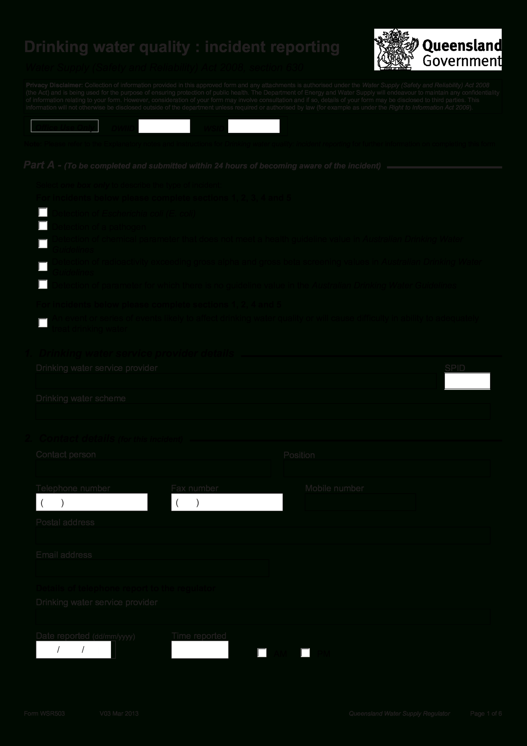 Drinking Water Quality Incident Report | Templates At With Regard To Reliability Report Template